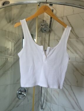 Old Navy White Ribbed Cropped Tank with Button Placket